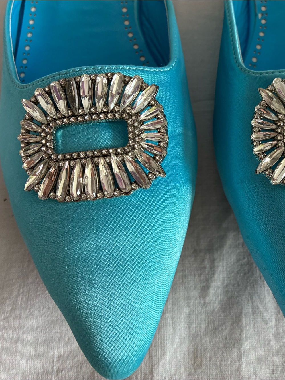 Turquoise Satin Pointed Toe Crystal Embellished Mules Sleepers